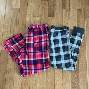 Women Medium PJ Pants Pajamas, grey plaid knit, pink plaid woven. Good shape.